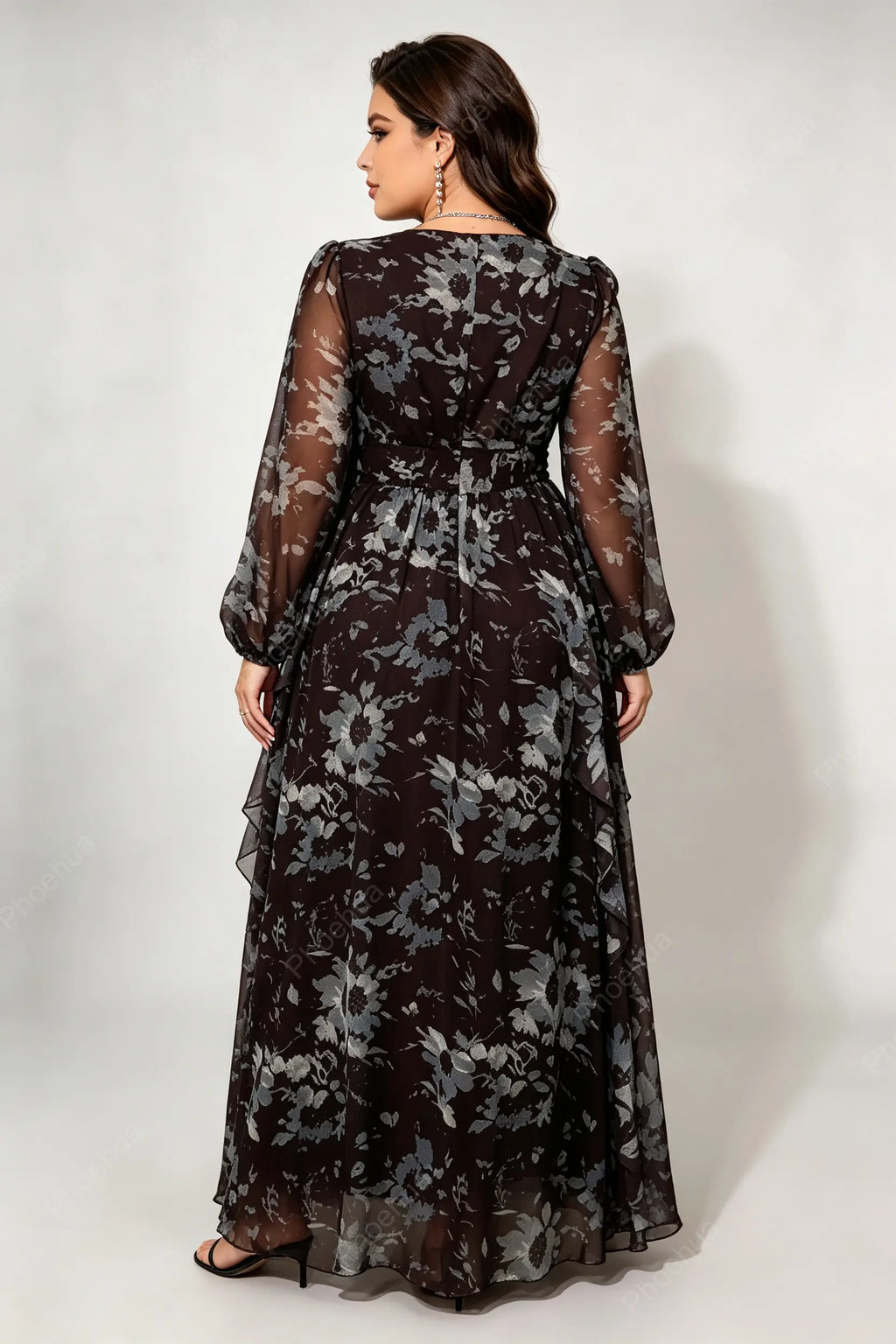 Plus Size V Neck Bishop Long Sleeve Grey Floral Print Chiffon Ruffle High Waist A Line Maxi Dress
