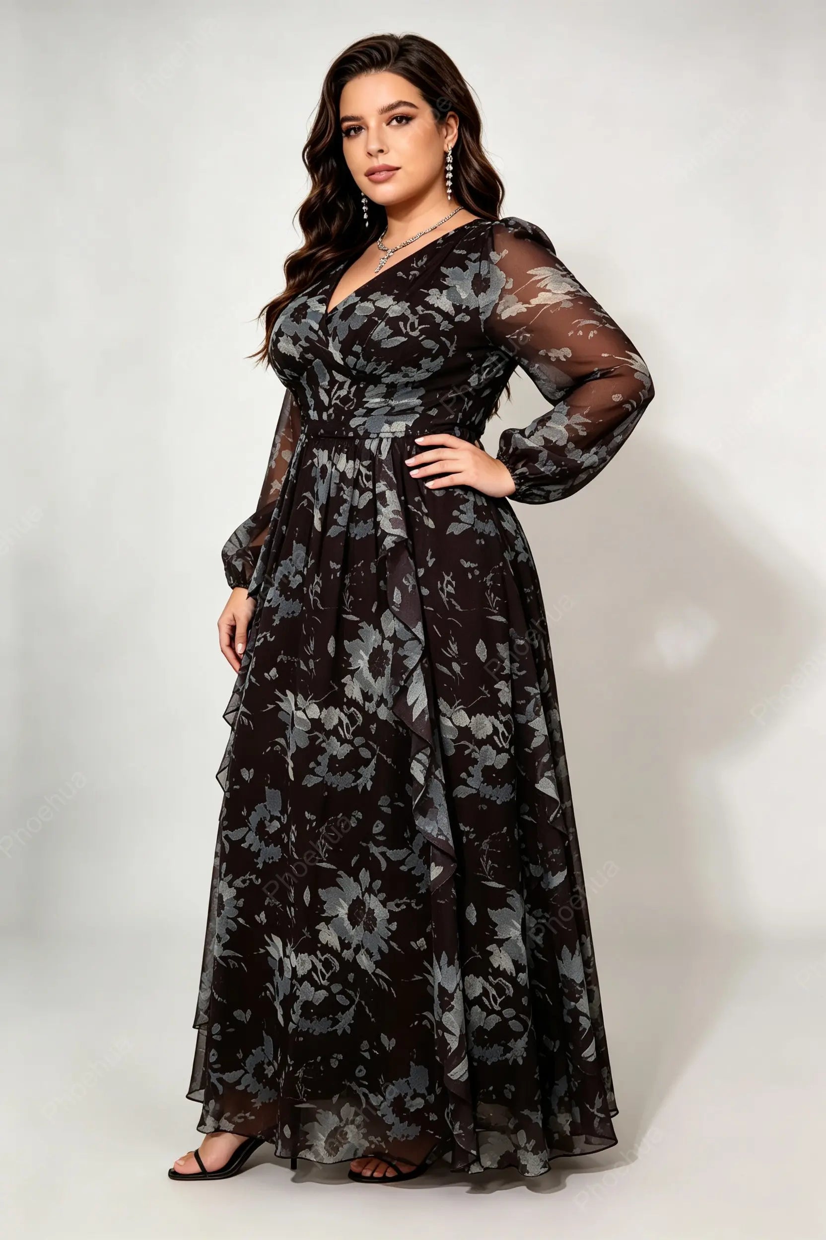 Plus Size V Neck Bishop Long Sleeve Grey Floral Print Chiffon Ruffle High Waist A Line Maxi Dress