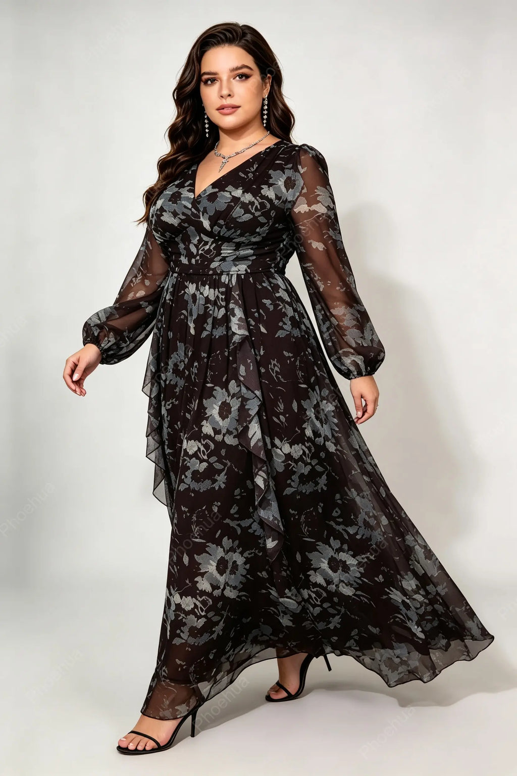 Plus Size V Neck Bishop Long Sleeve Grey Floral Print Chiffon Ruffle High Waist A Line Maxi Dress