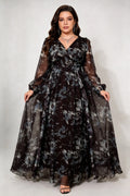 Plus Size V Neck Bishop Long Sleeve Grey Floral Print Chiffon Ruffle High Waist A Line Maxi Dress