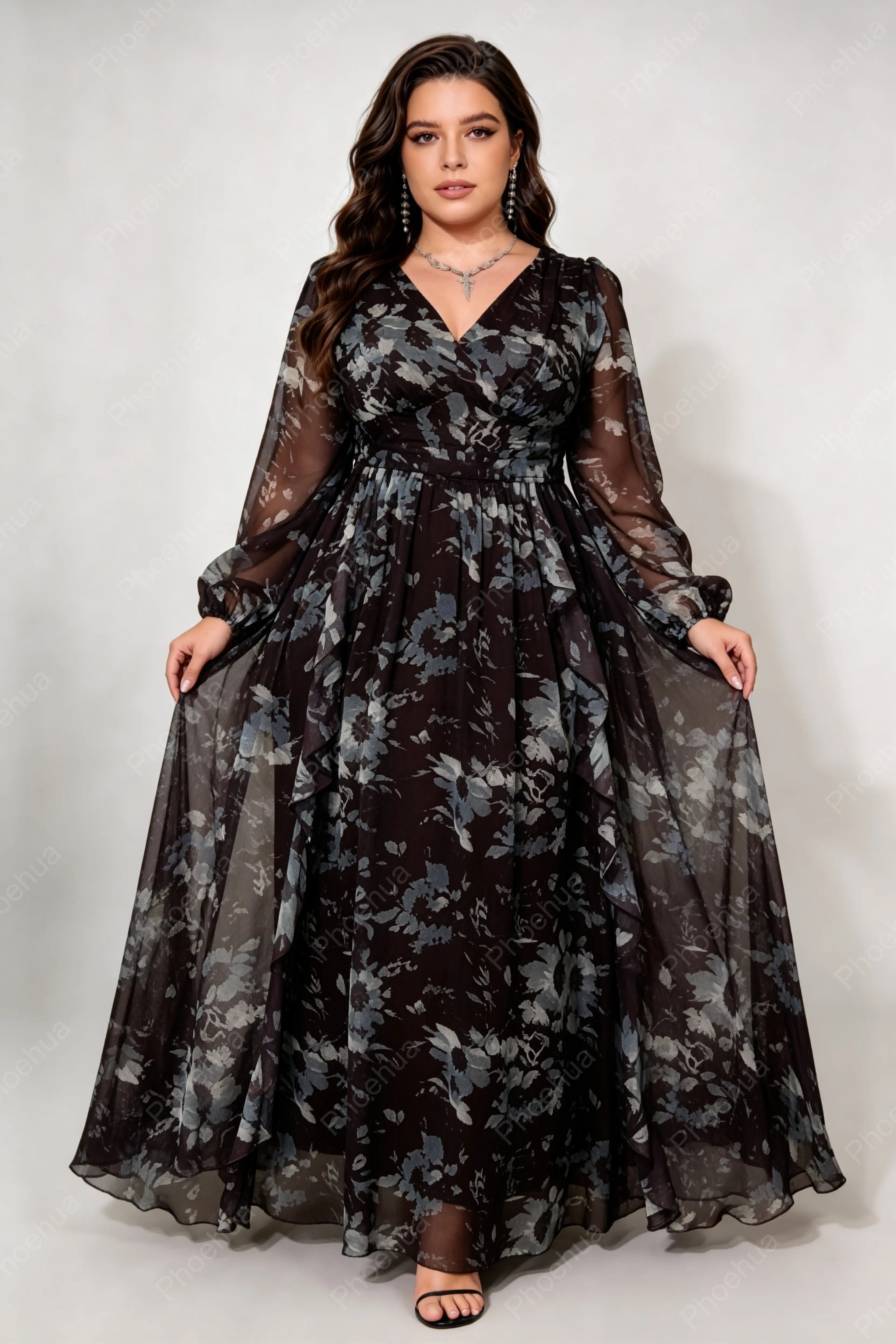 Plus Size V Neck Bishop Long Sleeve Grey Floral Print Chiffon Ruffle High Waist A Line Maxi Dress