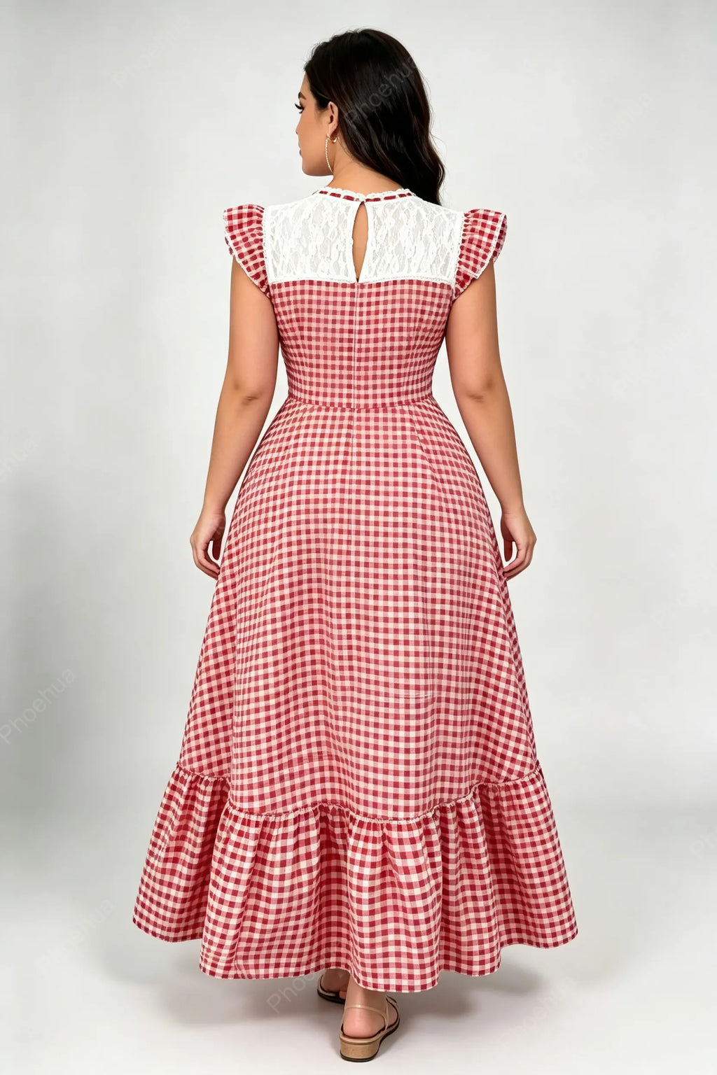 Plus Size Red White Gingham Lace Patch Ruffle Cap Sleeve Tie Neck Fitted Waist Ruffle Hem A Line Maxi Dress