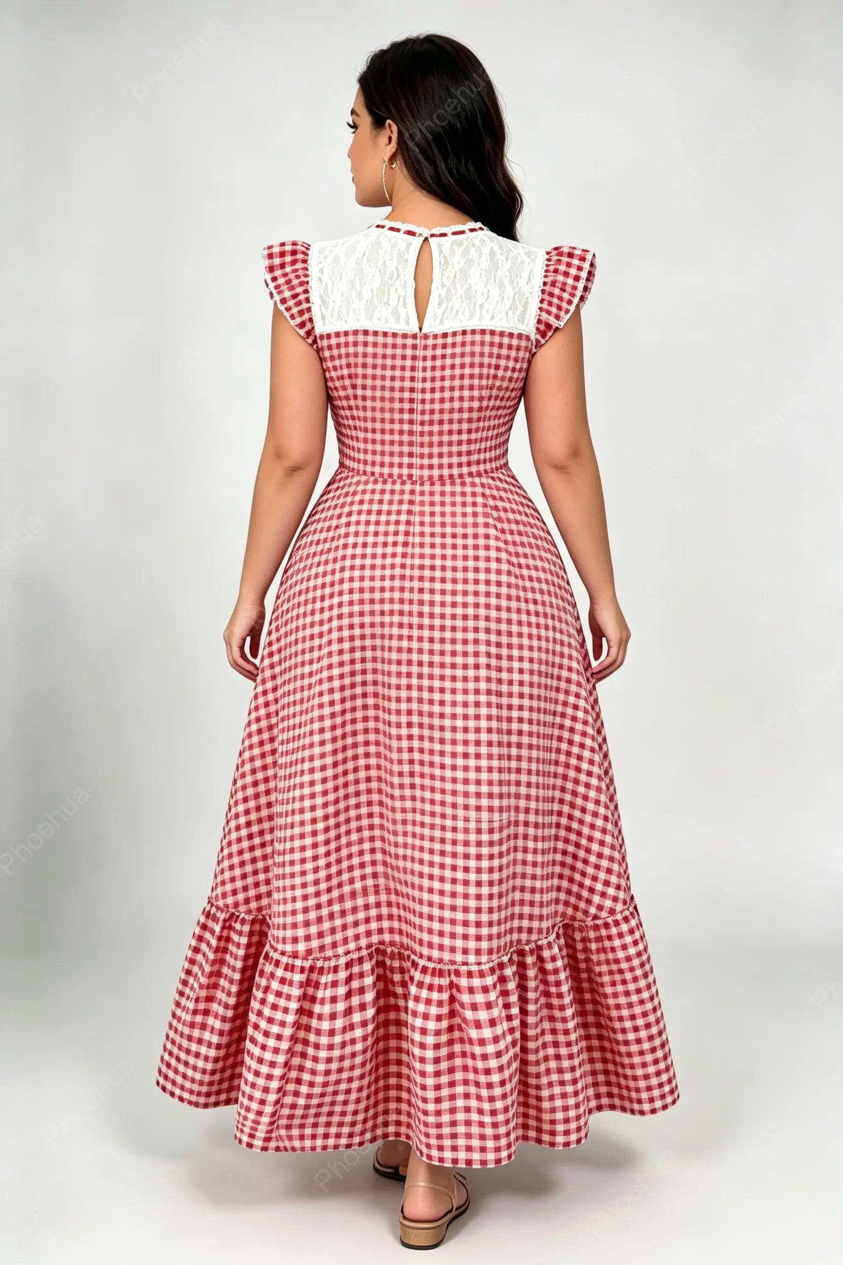 Plus Size Red White Gingham Lace Patch Ruffle Cap Sleeve Tie Neck Fitted Waist Ruffle Hem A Line Maxi Dress