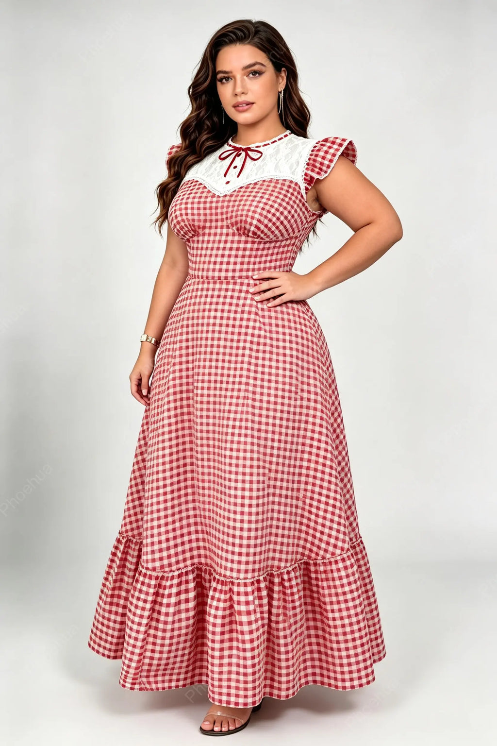 Plus Size Red White Gingham Lace Patch Ruffle Cap Sleeve Tie Neck Fitted Waist Ruffle Hem A Line Maxi Dress
