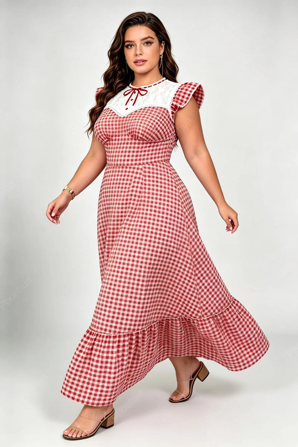 Plus Size Red White Gingham Lace Patch Ruffle Cap Sleeve Tie Neck Fitted Waist Ruffle Hem A Line Maxi Dress
