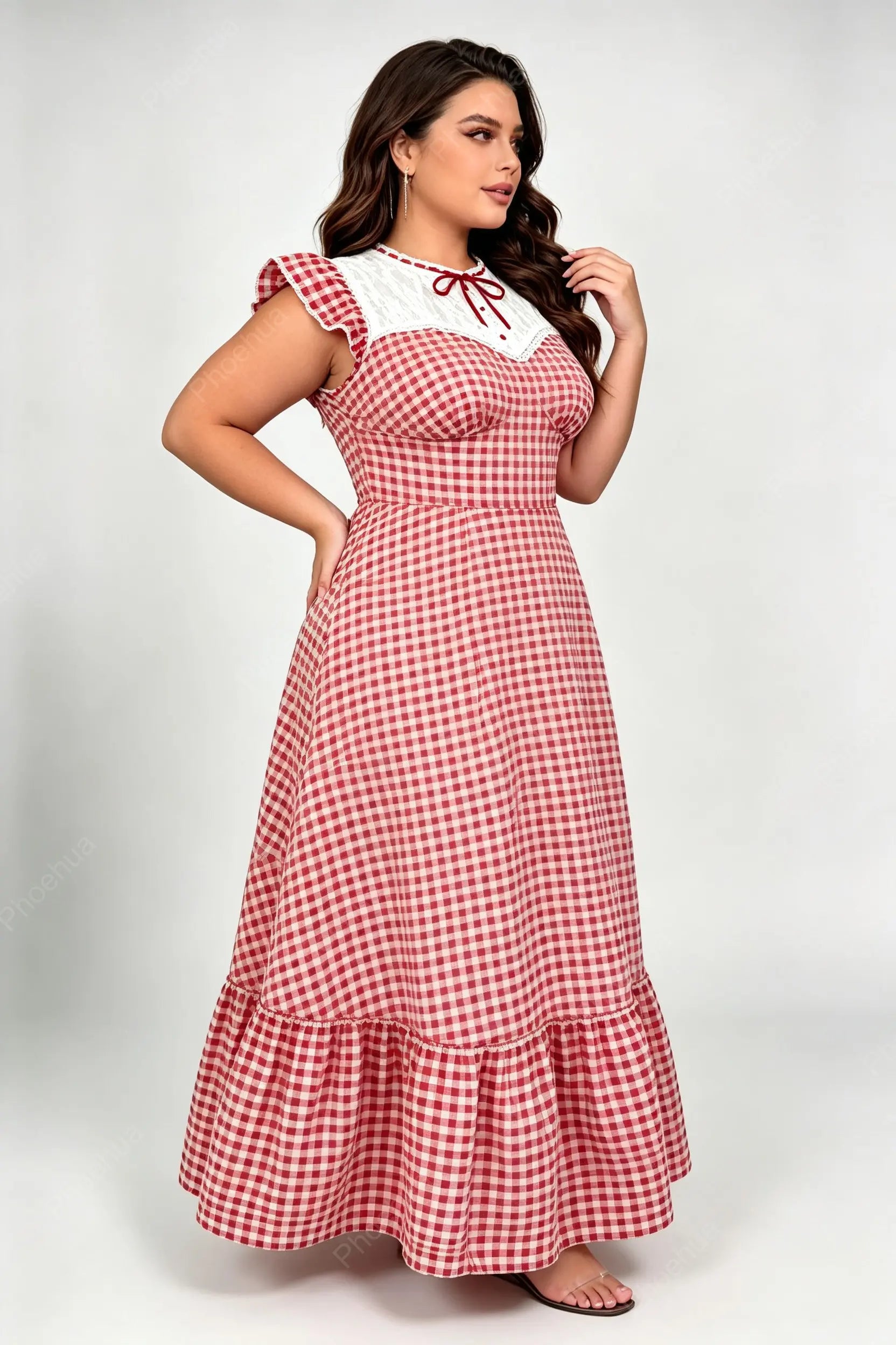 Plus Size Red White Gingham Lace Patch Ruffle Cap Sleeve Tie Neck Fitted Waist Ruffle Hem A Line Maxi Dress
