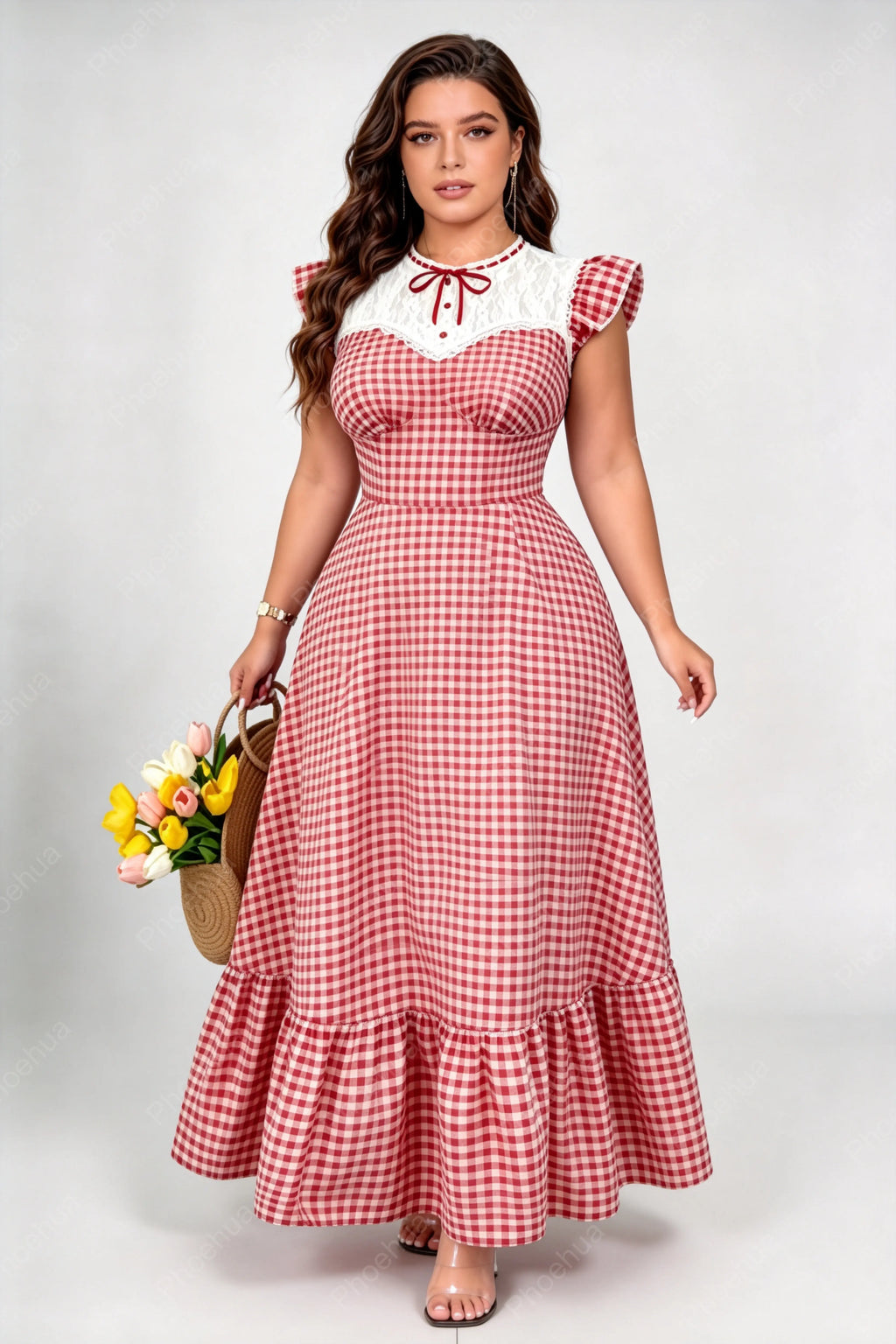 Plus Size Red White Gingham Lace Patch Ruffle Cap Sleeve Tie Neck Fitted Waist Ruffle Hem A Line Maxi Dress