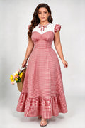 Plus Size Red White Gingham Lace Patch Ruffle Cap Sleeve Tie Neck Fitted Waist Ruffle Hem A Line Maxi Dress