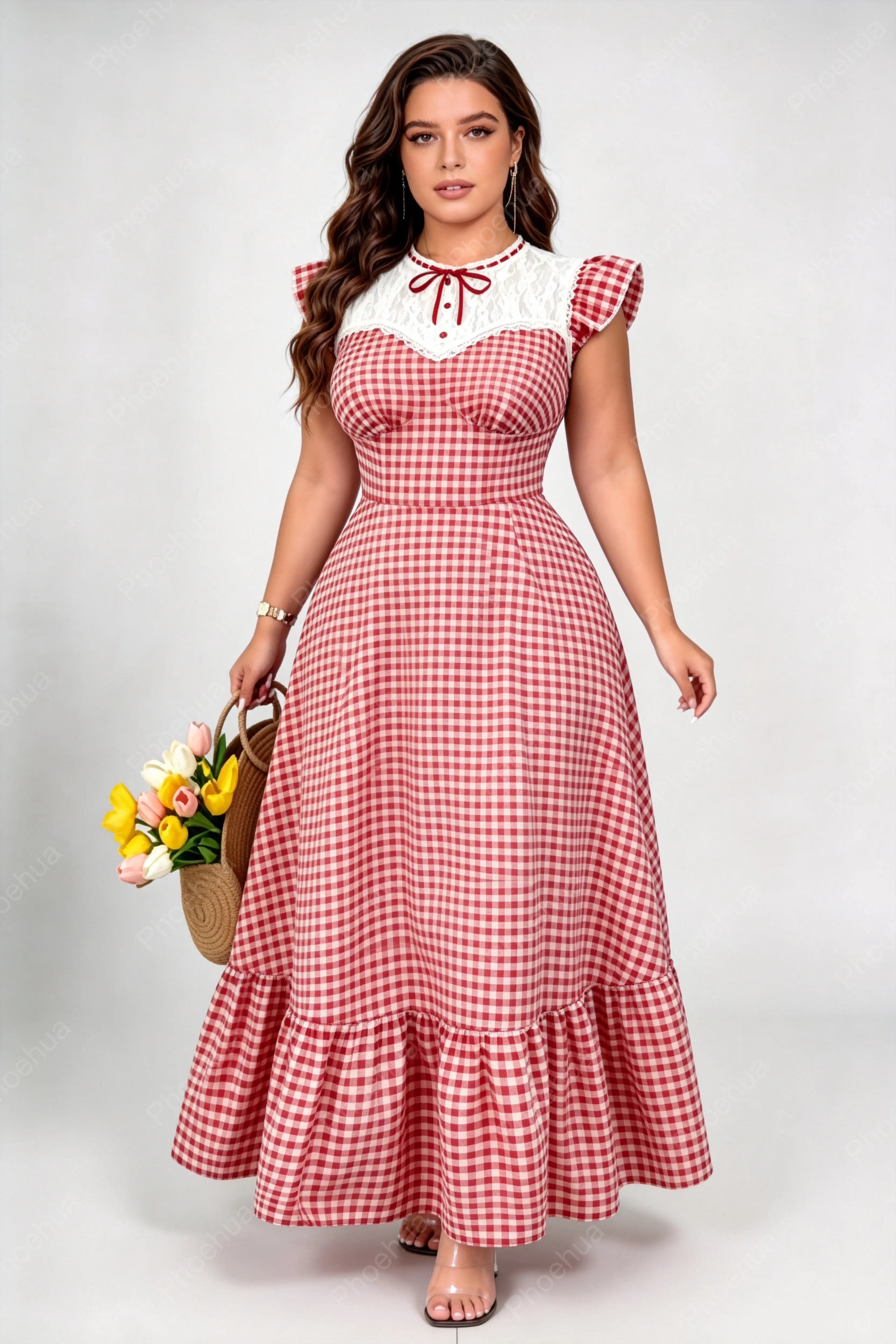 Plus Size Red White Gingham Lace Patch Ruffle Cap Sleeve Tie Neck Fitted Waist Ruffle Hem A Line Maxi Dress
