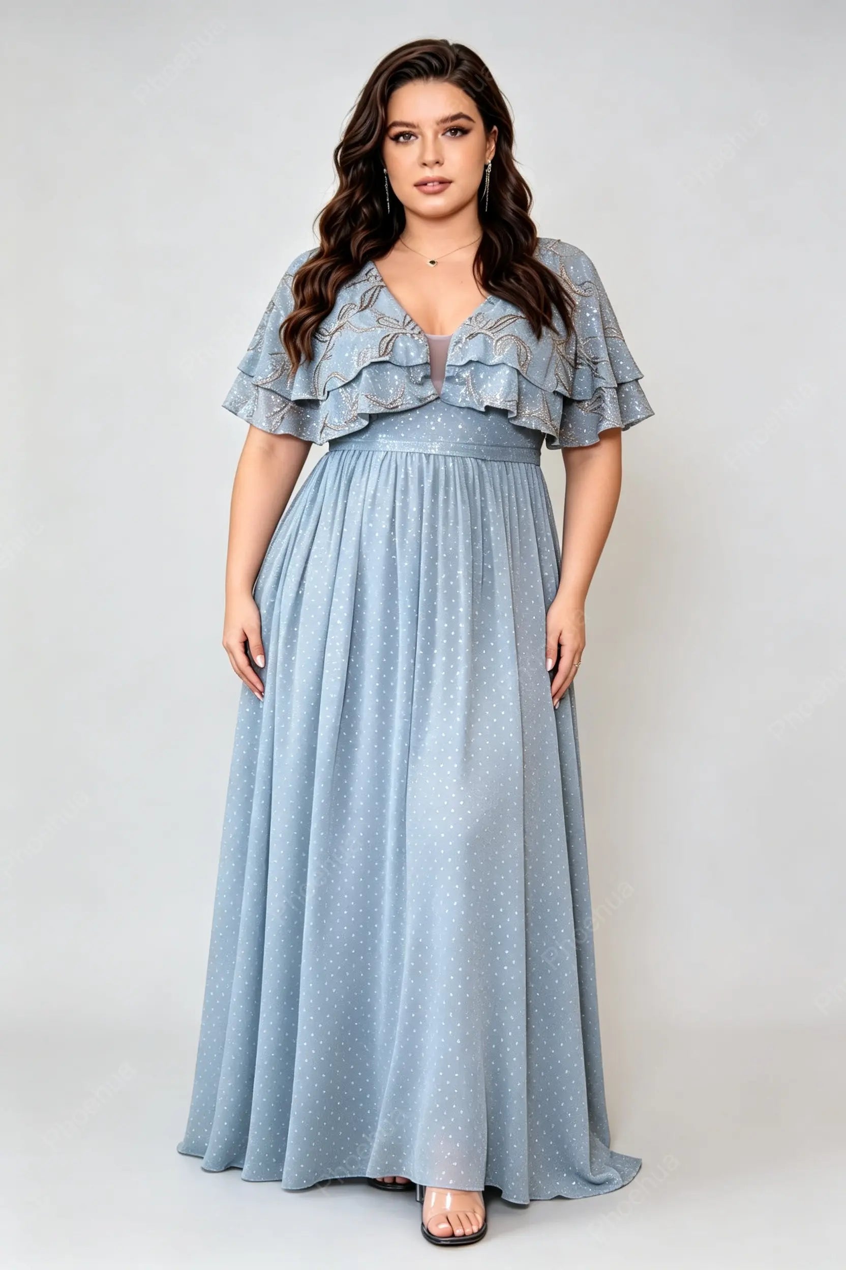 Plus Size Deep V Double Ruffle Short Sleeve Glitter Dot Chiffon Empire Waist A Line Floor Length Evening Maxi Dress
