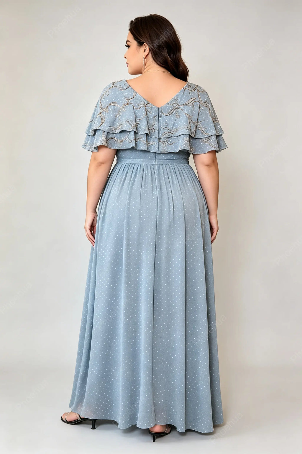 Plus Size Deep V Double Ruffle Short Sleeve Glitter Dot Chiffon Empire Waist A Line Floor Length Evening Maxi Dress