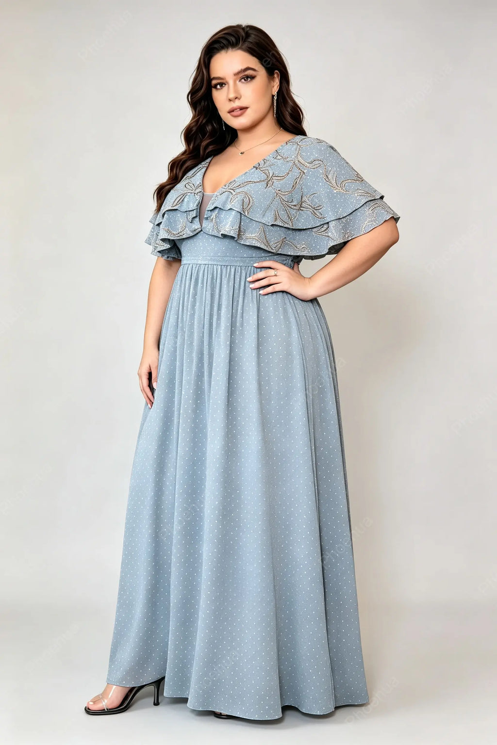 Plus Size Deep V Double Ruffle Short Sleeve Glitter Dot Chiffon Empire Waist A Line Floor Length Evening Maxi Dress