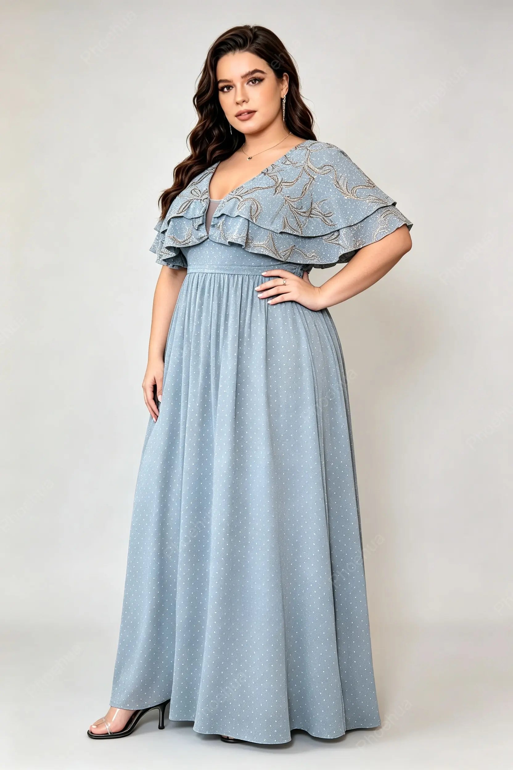 Plus Size Deep V Double Ruffle Short Sleeve Glitter Dot Chiffon Empire Waist A Line Floor Length Evening Maxi Dress