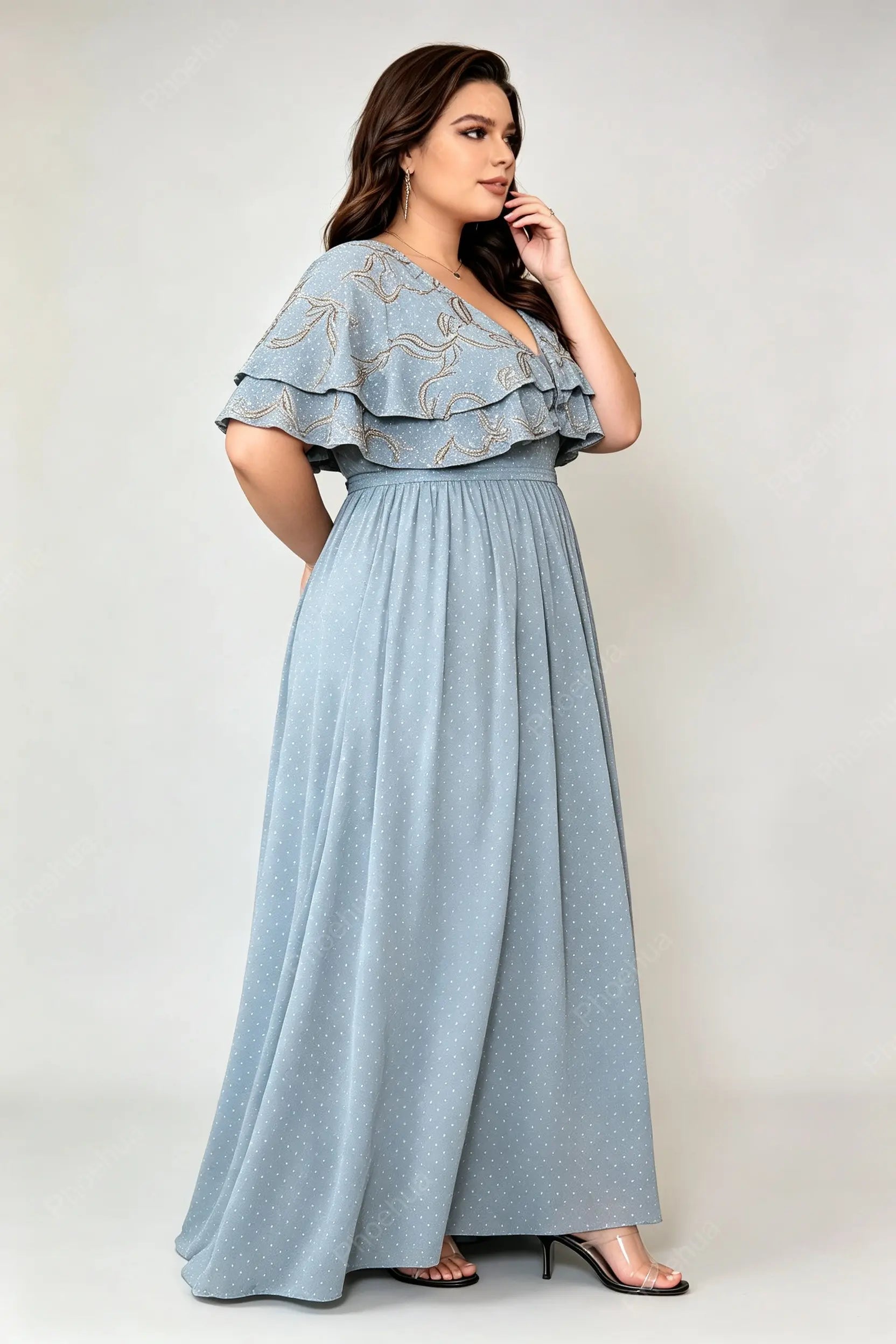 Plus Size Deep V Double Ruffle Short Sleeve Glitter Dot Chiffon Empire Waist A Line Floor Length Evening Maxi Dress