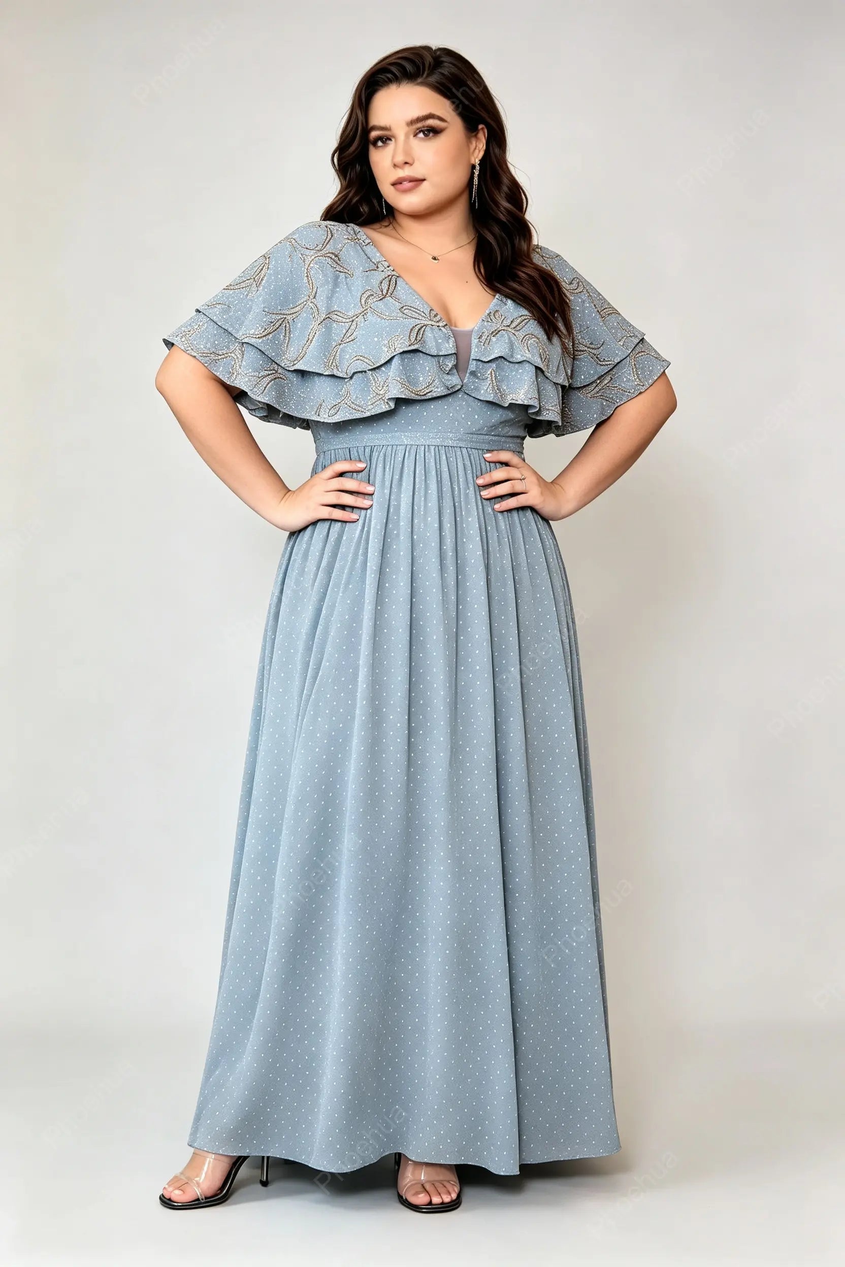 Plus Size Deep V Double Ruffle Short Sleeve Glitter Dot Chiffon Empire Waist A Line Floor Length Evening Maxi Dress