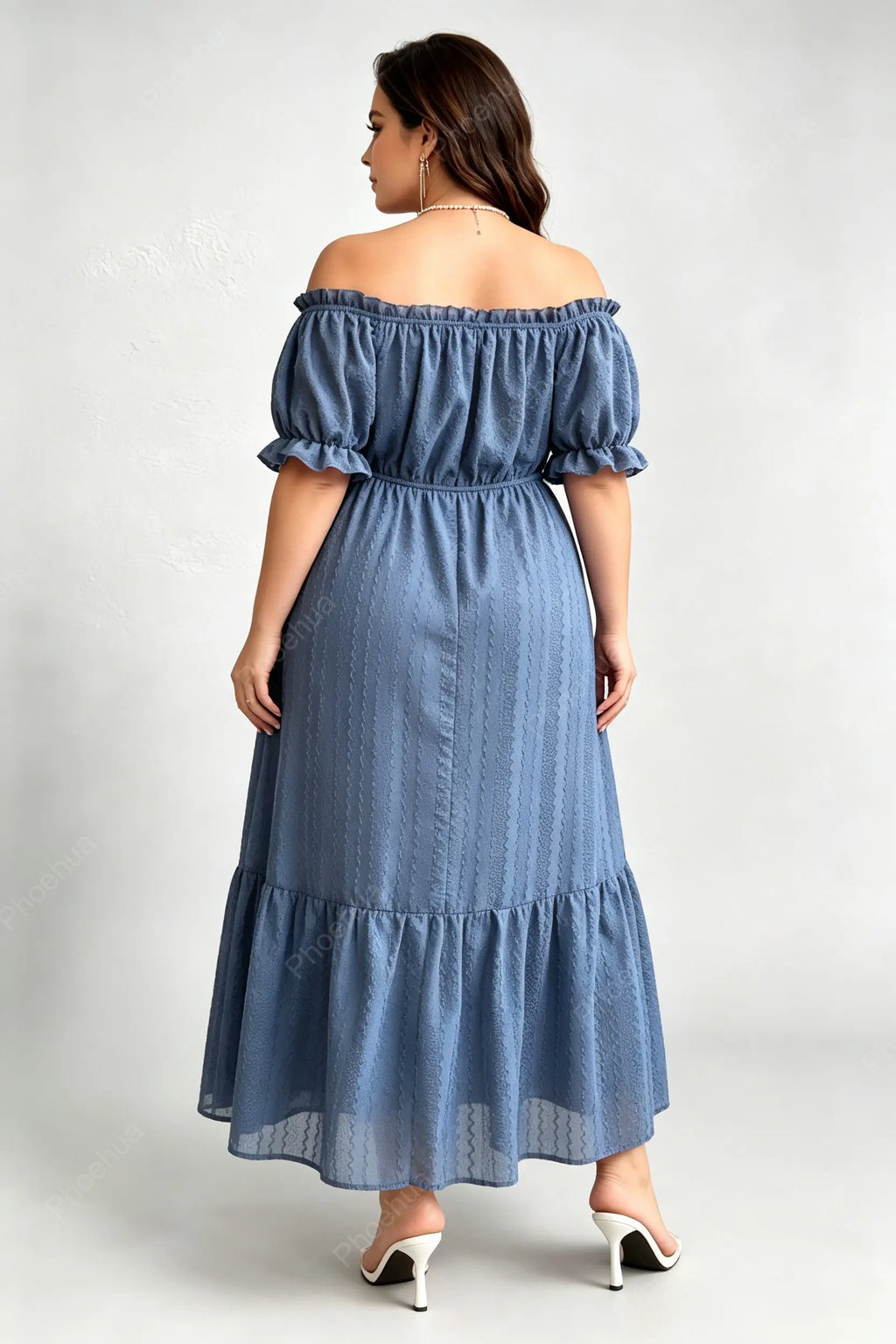 Plus Size Off Shoulder Bubble Puff Short Sleeve Embossed Texture Elastic Waist Ruffle Hem A Line Midi Dress
