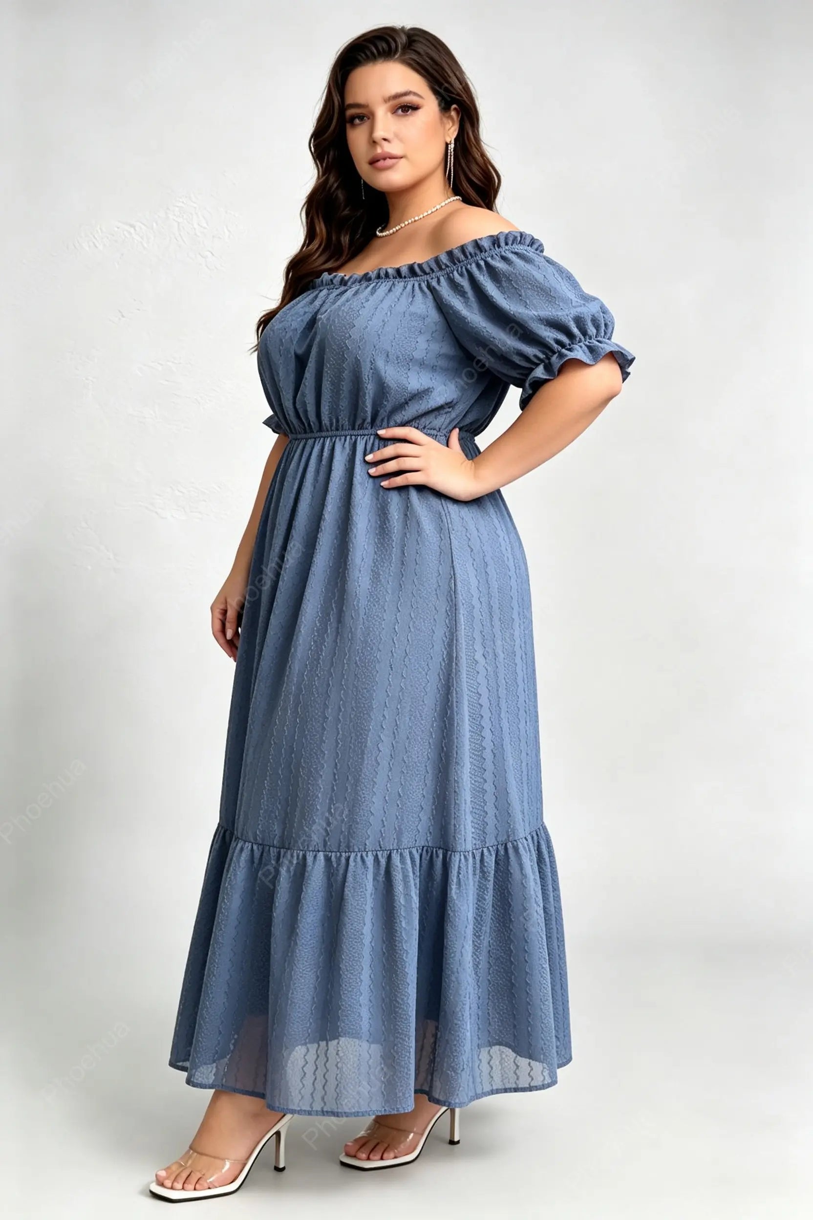 Plus Size Off Shoulder Bubble Puff Short Sleeve Embossed Texture Elastic Waist Ruffle Hem A Line Midi Dress