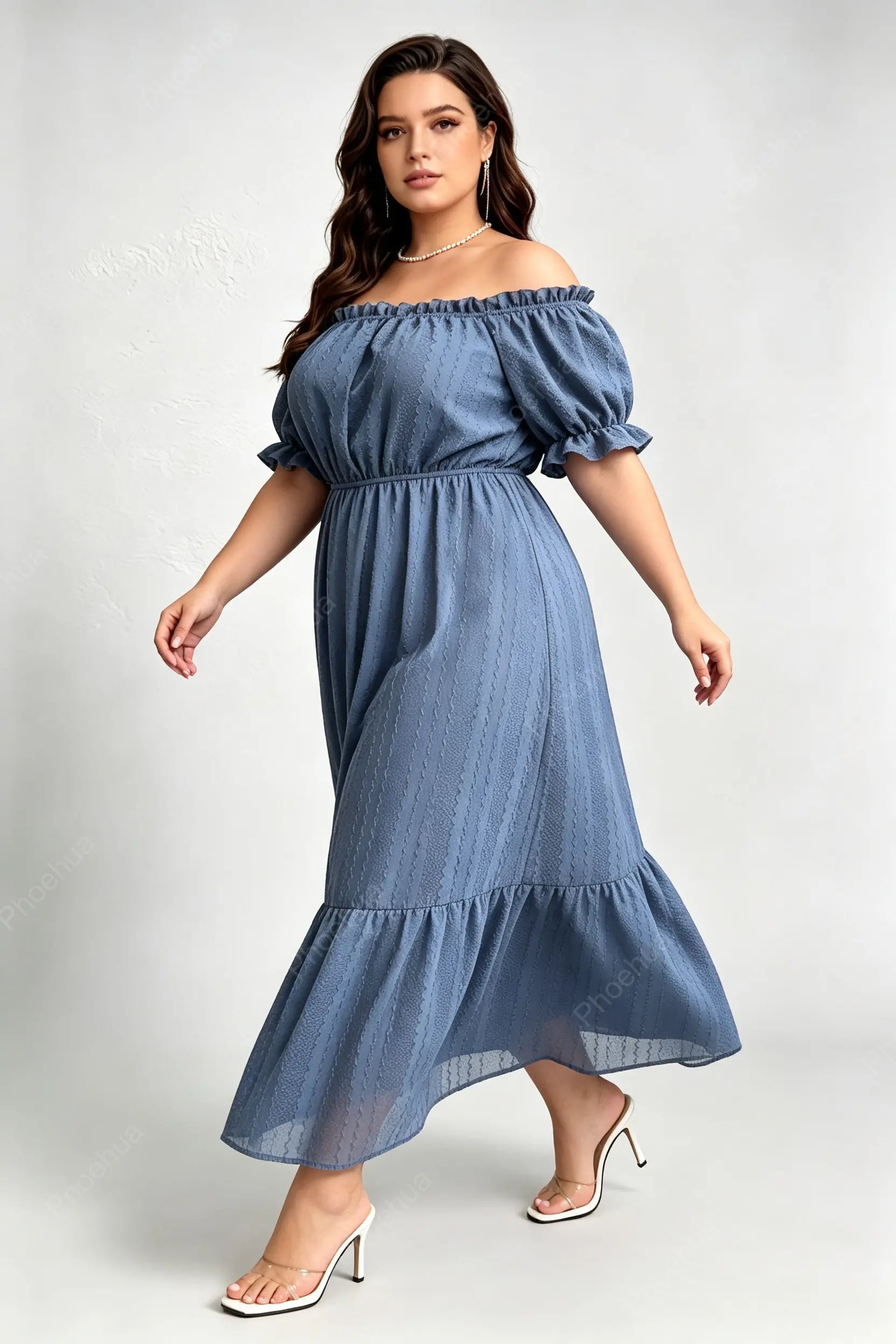 Plus Size Off Shoulder Bubble Puff Short Sleeve Embossed Texture Elastic Waist Ruffle Hem A Line Midi Dress