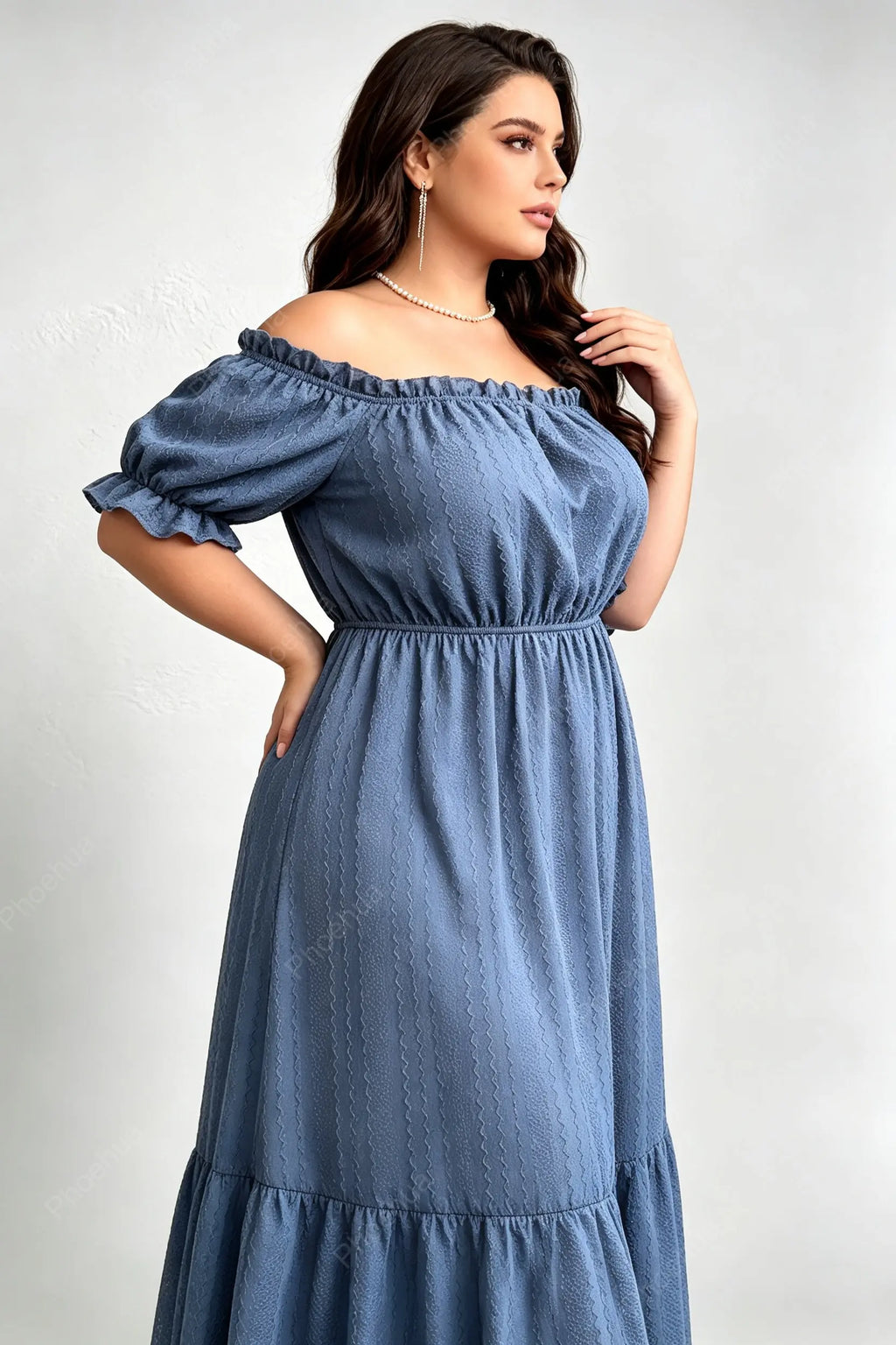 Plus Size Off Shoulder Bubble Puff Short Sleeve Embossed Texture Elastic Waist Ruffle Hem A Line Midi Dress