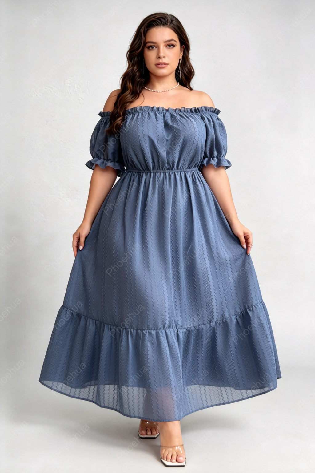 Plus Size Off Shoulder Bubble Puff Short Sleeve Embossed Texture Elastic Waist Ruffle Hem A Line Midi Dress