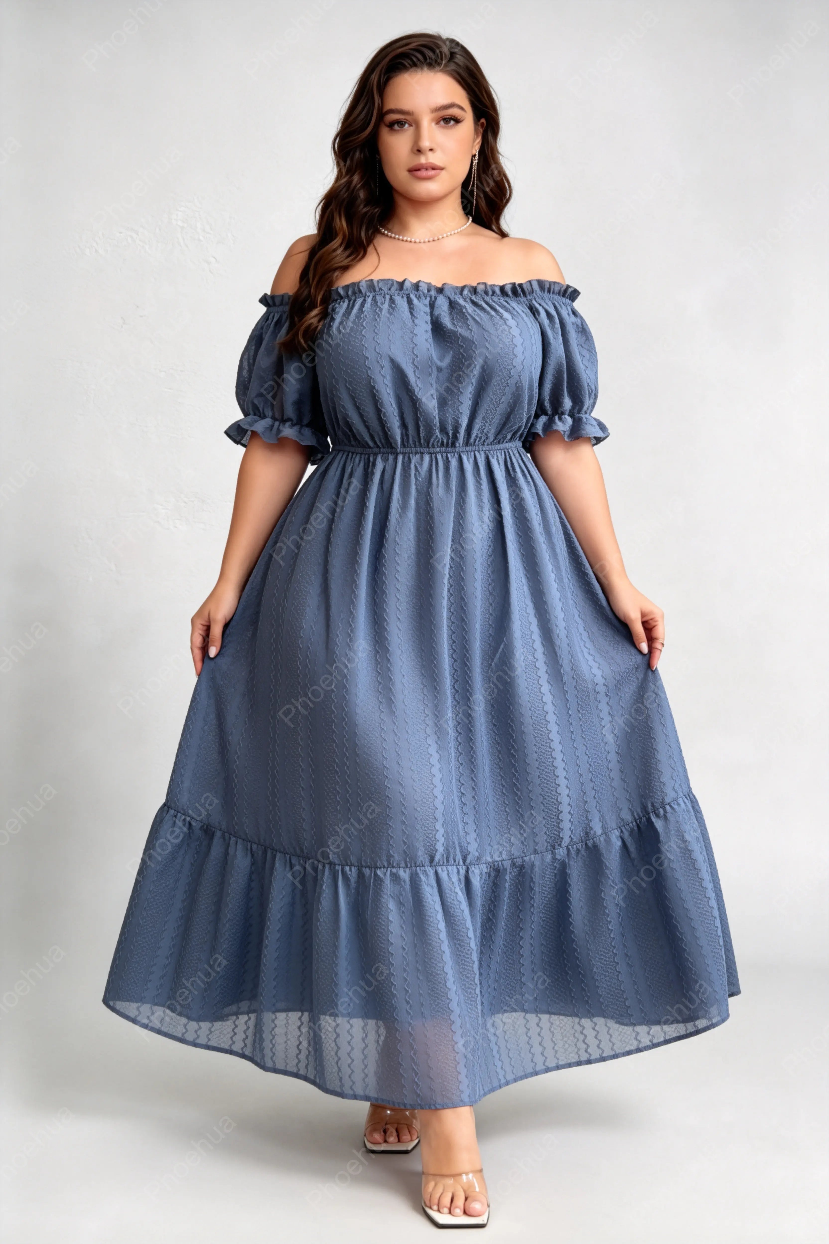 Plus Size Off Shoulder Bubble Puff Short Sleeve Embossed Texture Elastic Waist Ruffle Hem A Line Midi Dress
