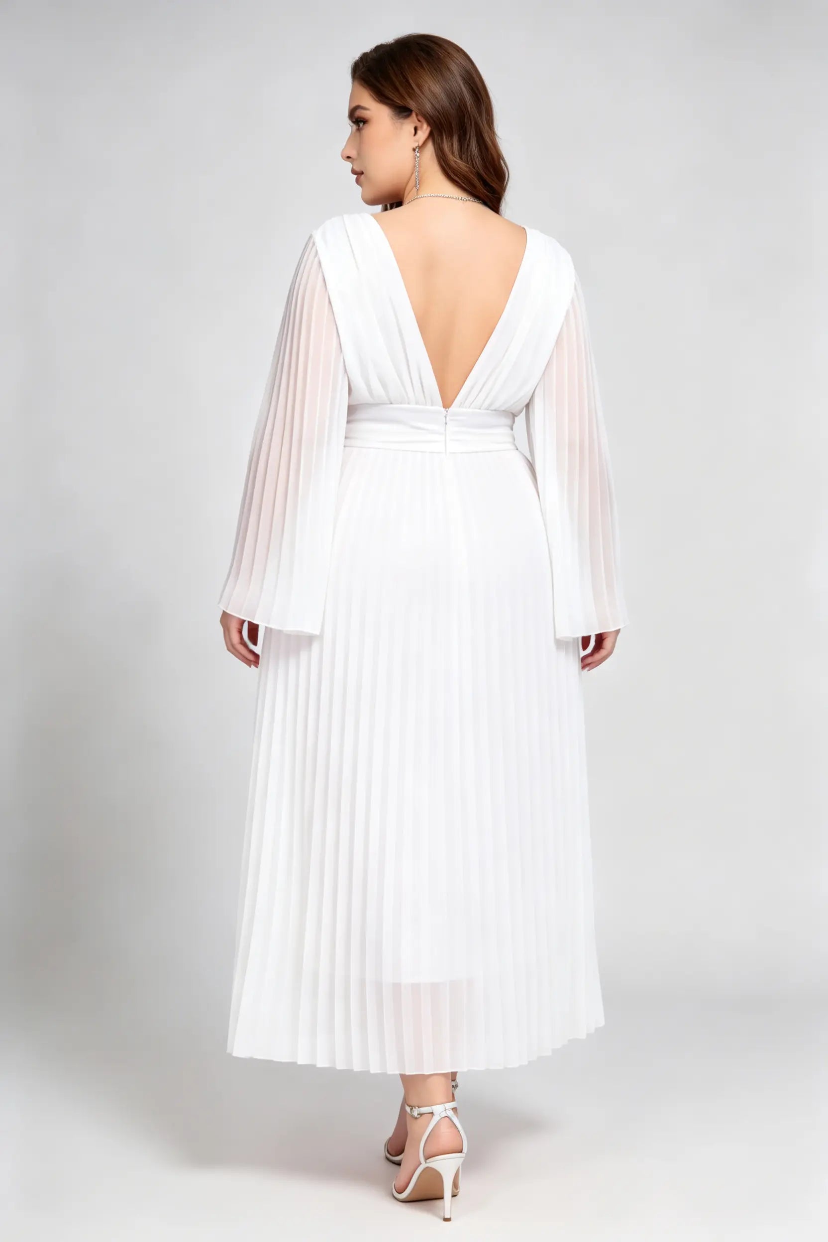 Plus Size White Pleated Chiffon Maxi Dress with Bell Sleeves and Deep V-Neck