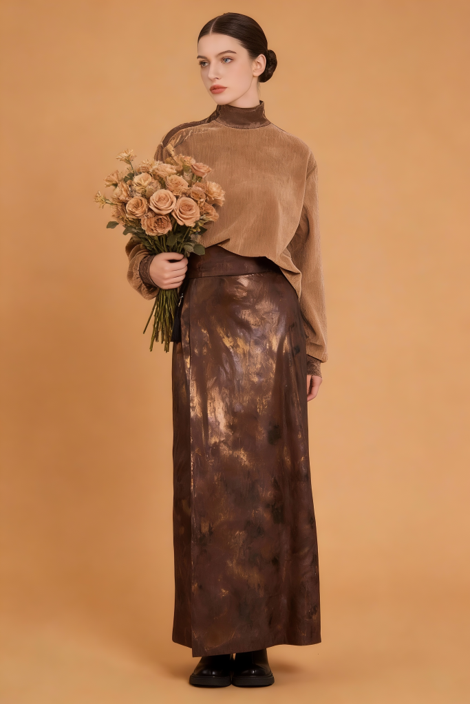 Woman holding flowers wearing a brown top and leather skirt against a beige background