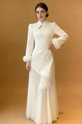 Elegant Ivory Qipao Dress with Faux Fur Trim - Modern Chinese Traditional Cheongsam