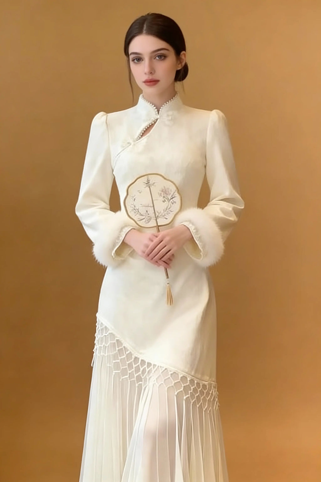 Elegant Ivory Qipao Dress with Faux Fur Trim - Modern Chinese Traditional Cheongsam