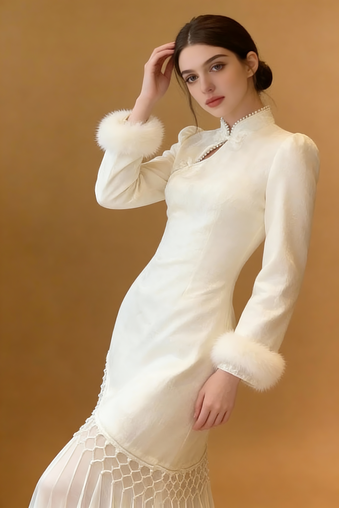 Elegant Ivory Qipao Dress with Faux Fur Trim - Modern Chinese Traditional Cheongsam