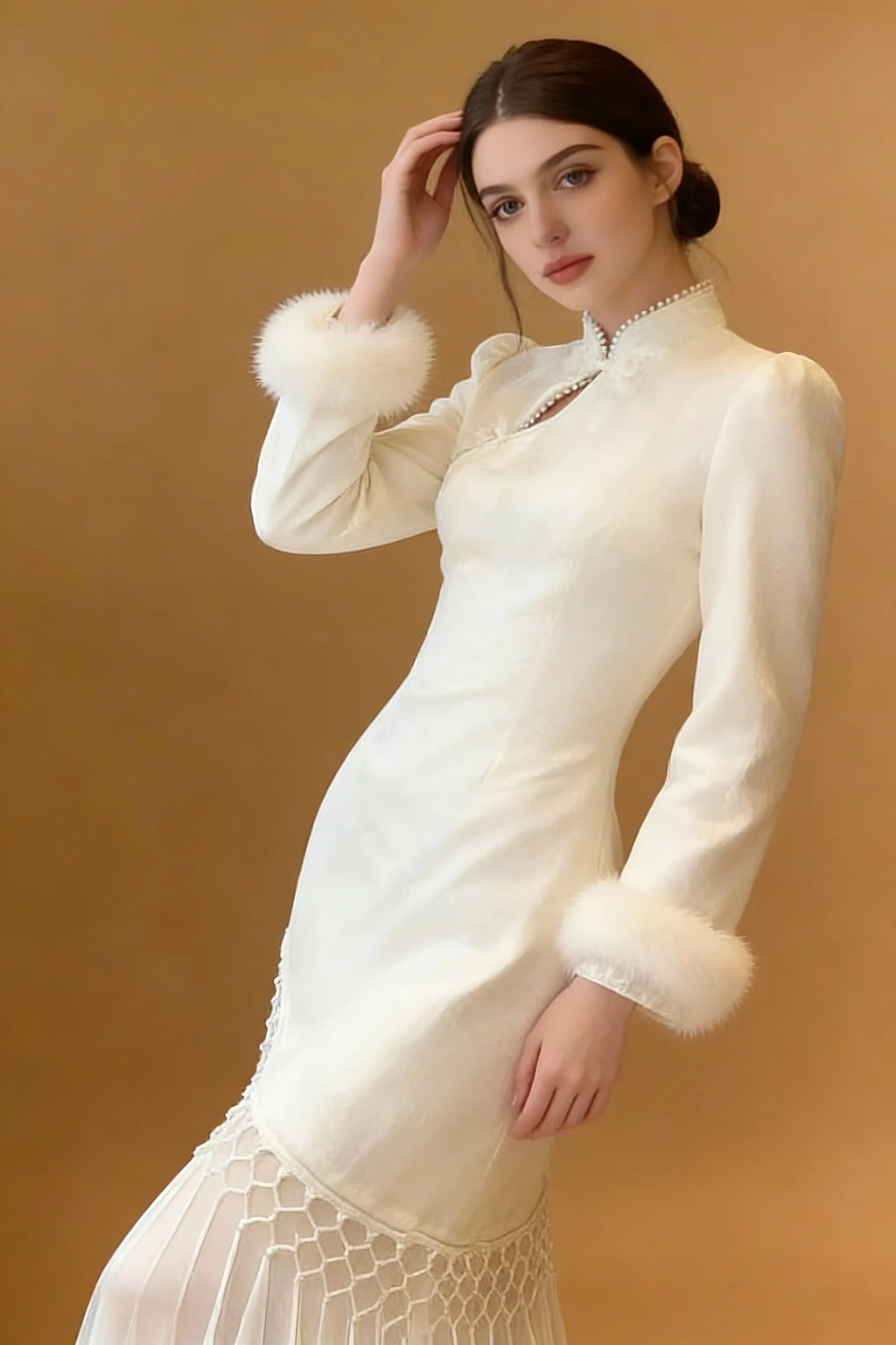 Elegant Ivory Qipao Dress with Faux Fur Trim - Modern Chinese Traditional Cheongsam
