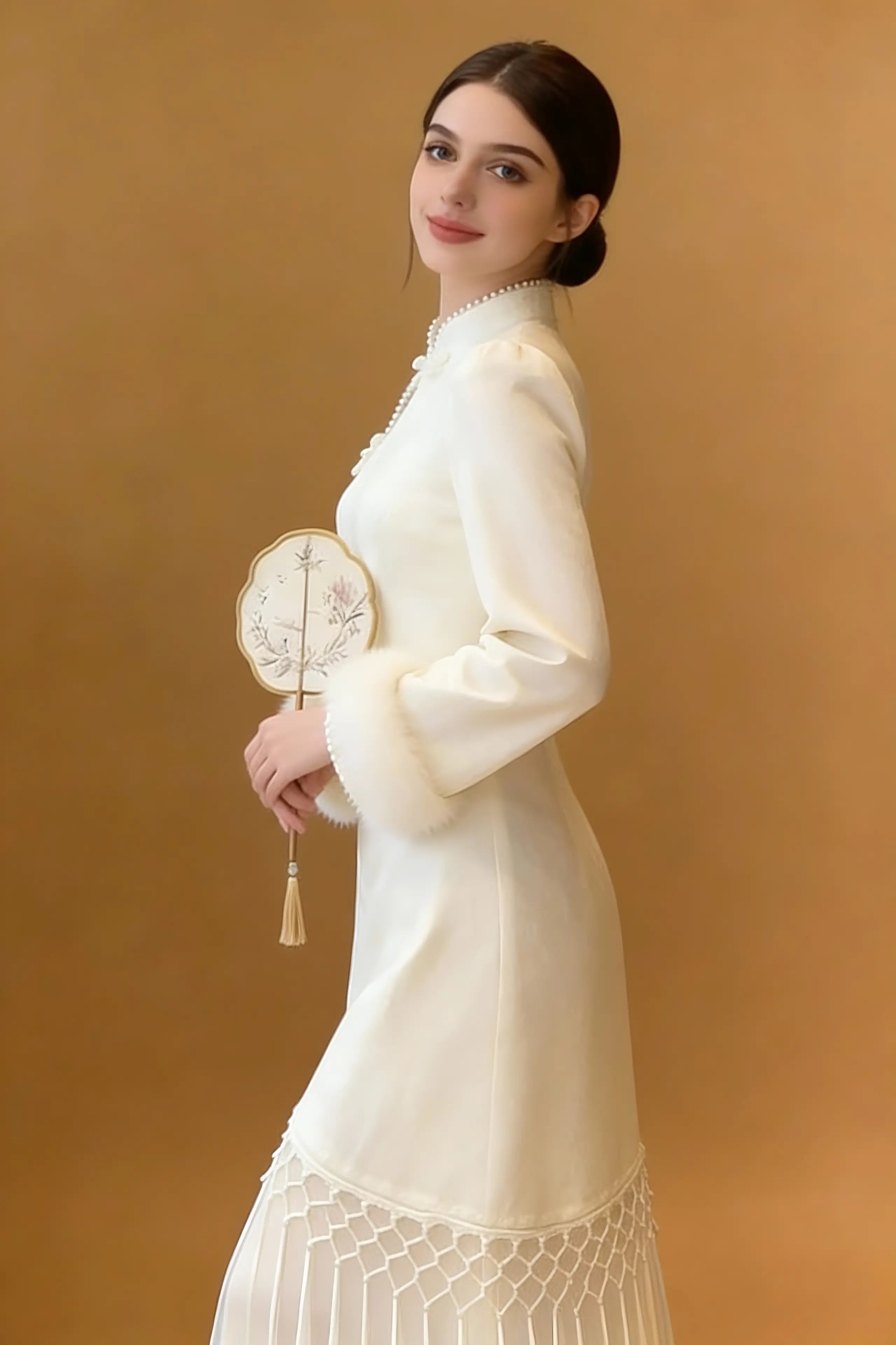 Elegant Ivory Qipao Dress with Faux Fur Trim - Modern Chinese Traditional Cheongsam