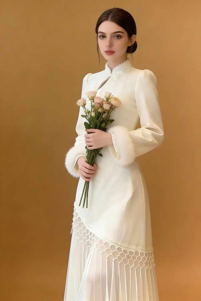 Elegant Ivory Qipao Dress with Faux Fur Trim - Modern Chinese Traditional Cheongsam