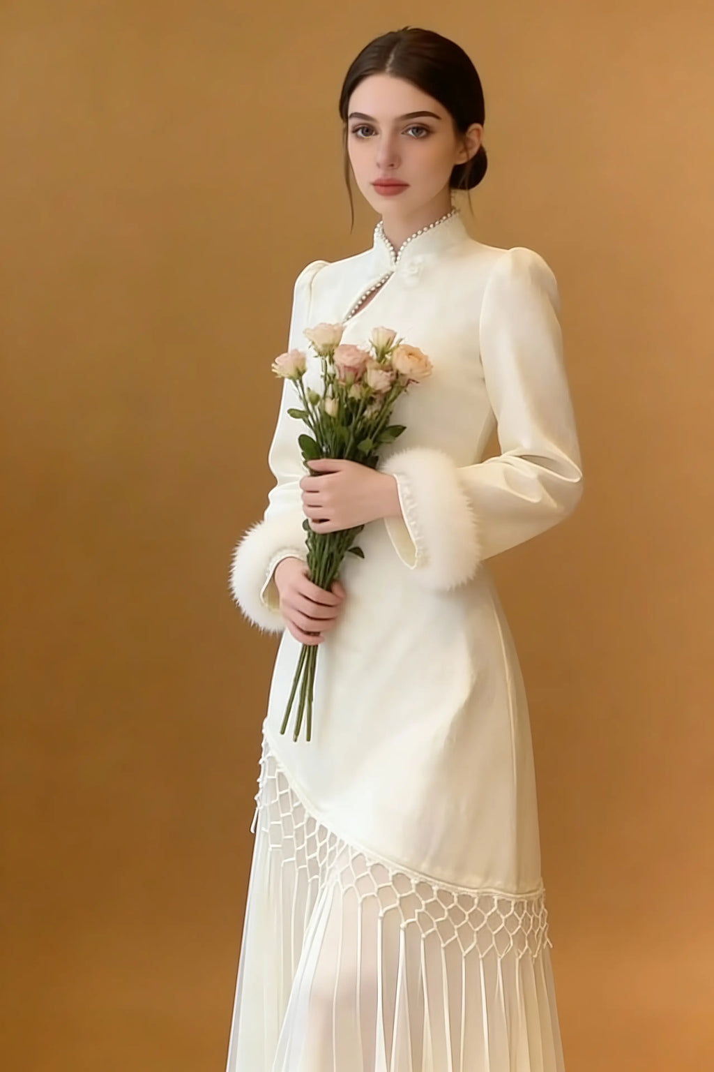 Elegant Ivory Qipao Dress with Faux Fur Trim - Modern Chinese Traditional Cheongsam