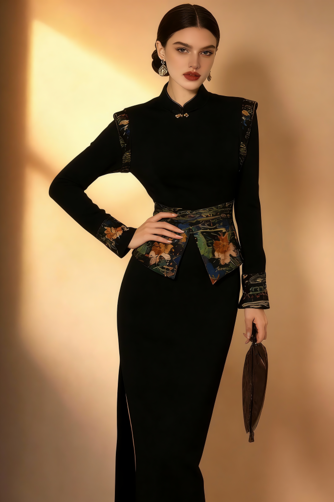 Woman wearing Elegant Black Qipao-Inspired Maxi Dress with Embroidery against a warm beige background