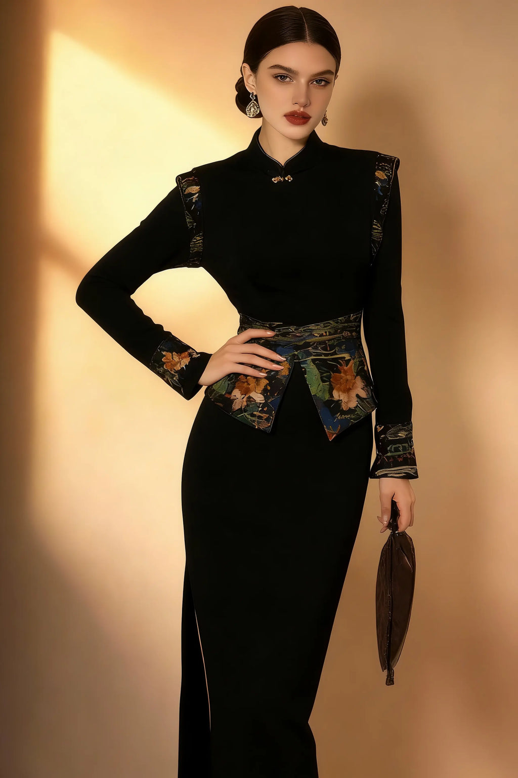 Woman wearing Elegant Black Qipao-Inspired Maxi Dress with Embroidery against a beige wall