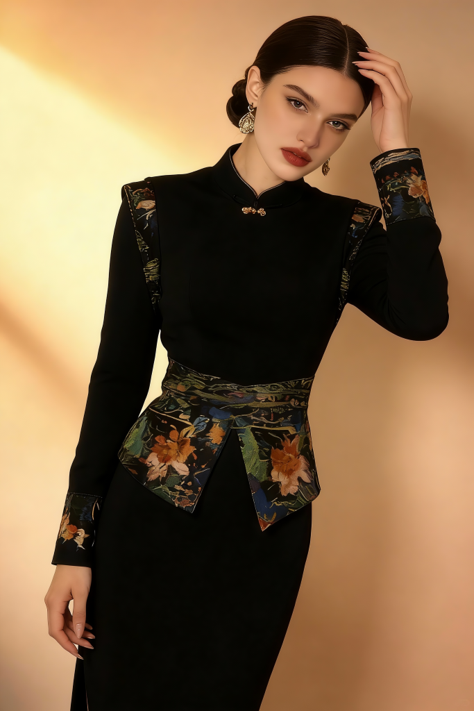 Woman wearing Elegant Black Qipao-Inspired Maxi Dress with Embroidery on a beige background