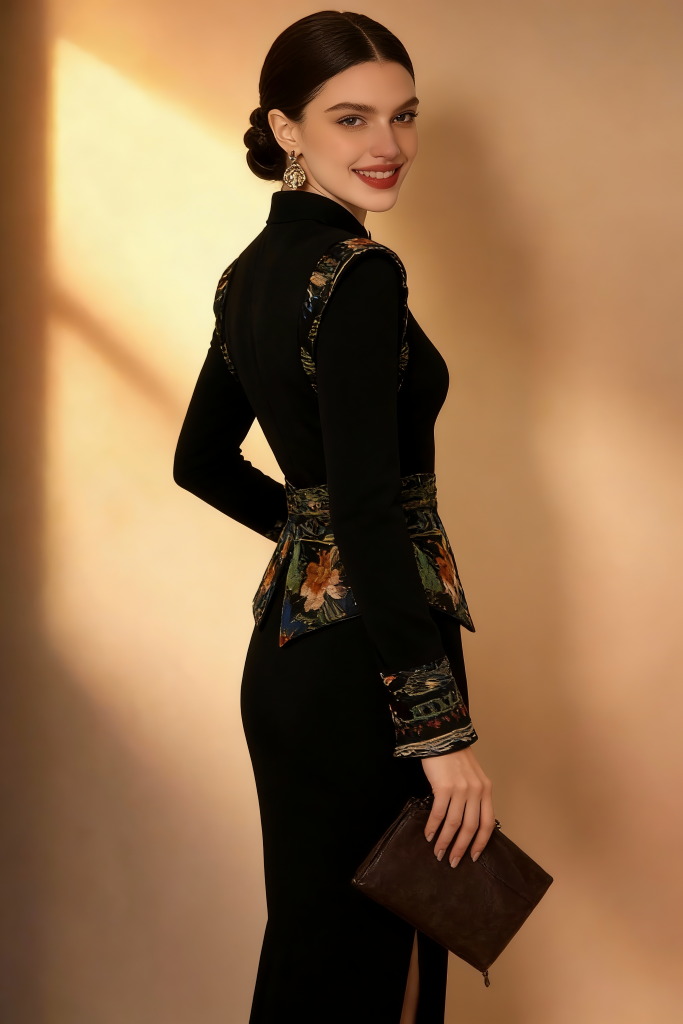 Woman wearing Elegant Black Qipao-Inspired Maxi Dress with Embroidery and holding a clutch against a beige background