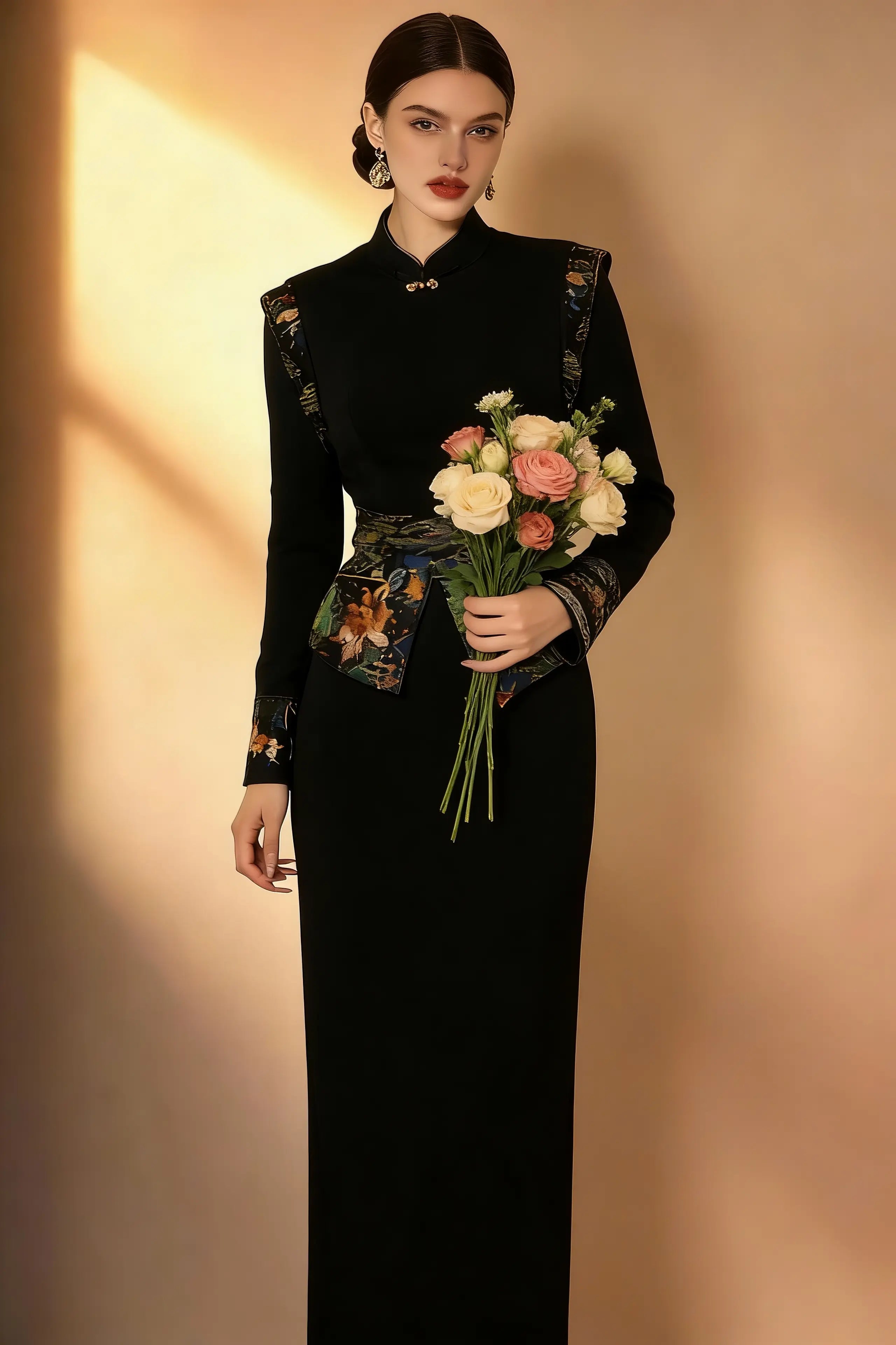 Woman wearing Elegant Black Qipao-Inspired Maxi Dress with Embroidery against a beige wall