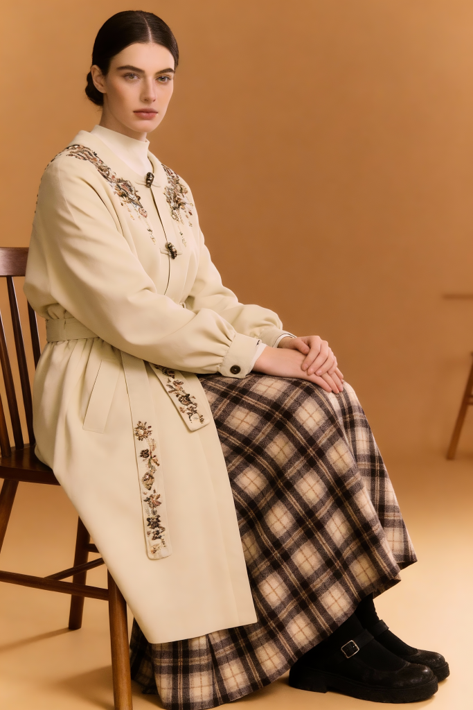 Woman sitting on a chair wearing Elegant Embroidered Round Collar Coat.