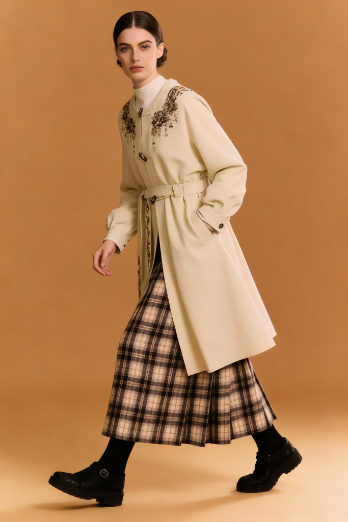 Woman wearing a Elegant Embroidered Round Collar Coat on a brown background