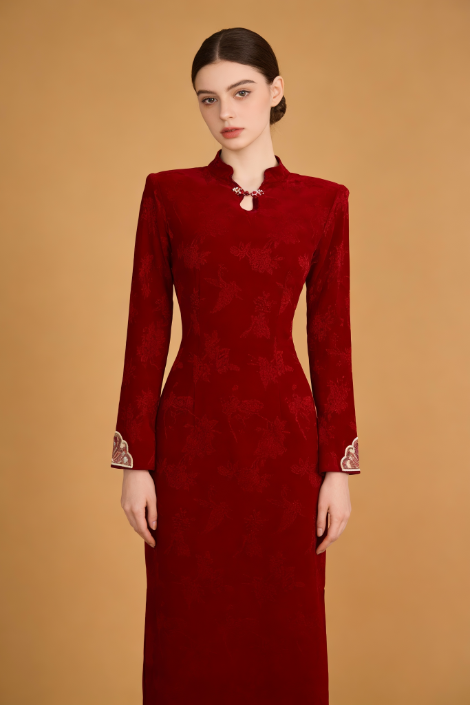 Woman wearing a Red Floral Embroidered Qipao Dress on a brown background