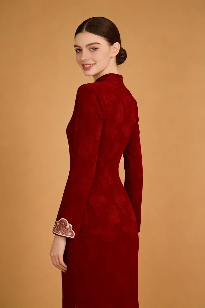 Woman wearing a Red Floral Embroidered Qipao Dress on a brown background