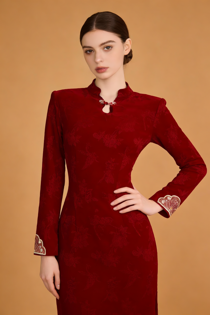 Woman wearing a Red Floral Embroidered Qipao Dress on a brown background