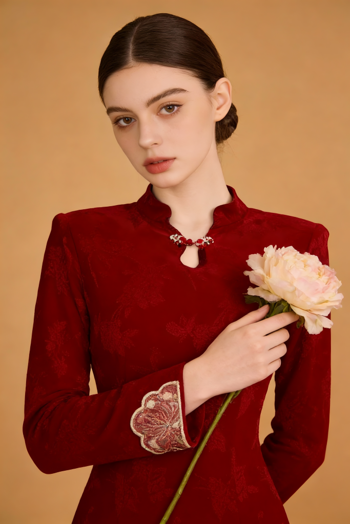 Woman in a red embroidered dress holding a pink flower against a beige background