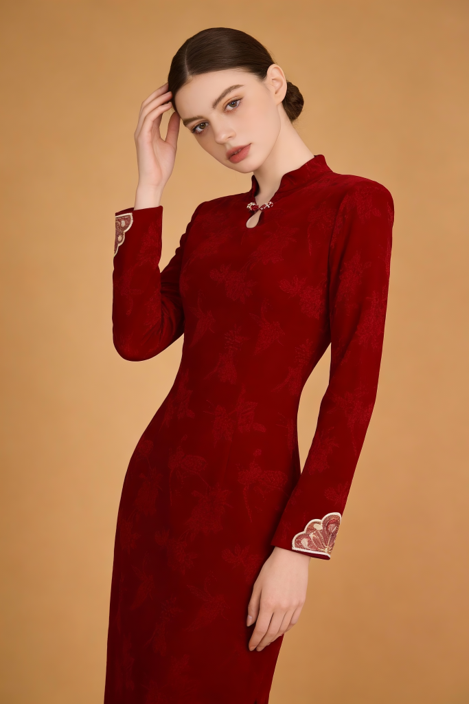 Woman wearing a Red Floral Embroidered Qipao Dress on a brown background