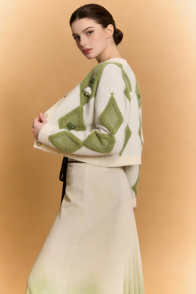 Green & White Argyle Knit Cardigan with Pleated Ombre Skirt Set - Women's Fashion