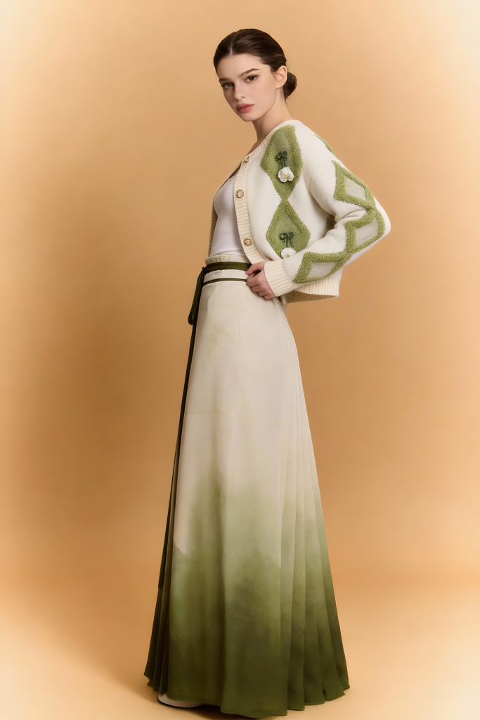 Green & White Argyle Knit Cardigan with Pleated Ombre Skirt Set - Women's Fashion