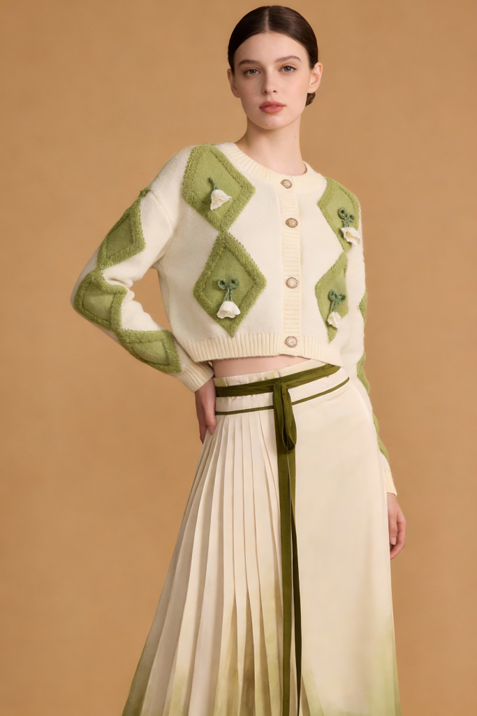 Green & White Argyle Knit Cardigan with Pleated Ombre Skirt Set - Women's Fashion