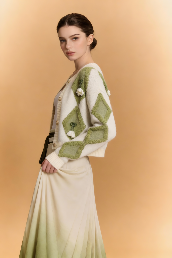 Green & White Argyle Knit Cardigan with Pleated Ombre Skirt Set - Women's Fashion
